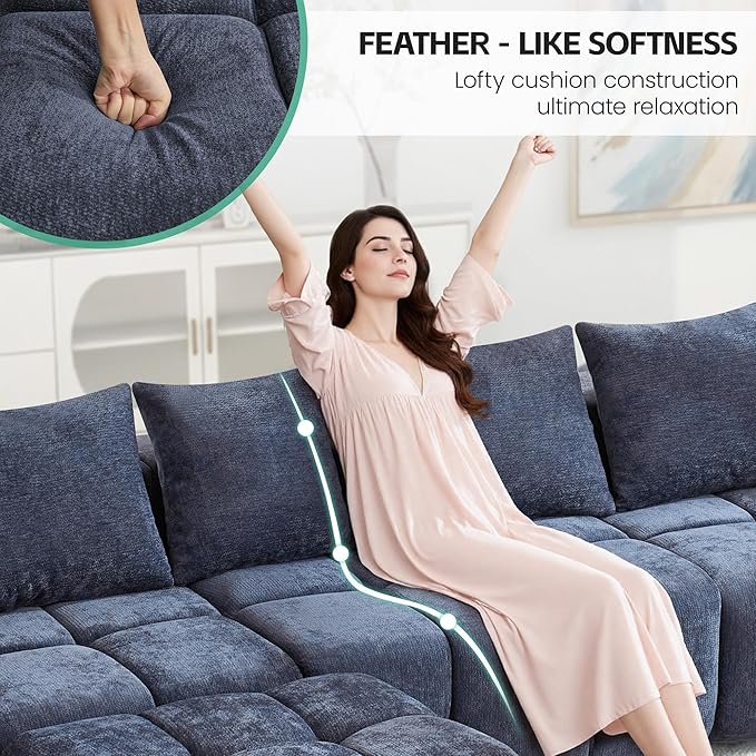 78.7 Boneless Modular Sectional Loveseat Tufted Cloud Couch with Deep Seat Chenille Sofa for Living Room Compressed Sofa No Assembly Required Blue