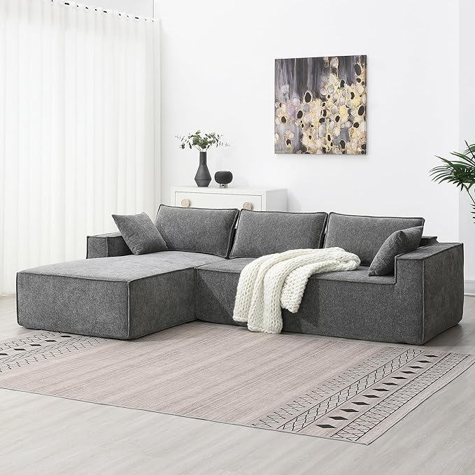 L-Shaped Corner Corduroy Sectional Sofa 4 Seat Modular Boneless Sofa Foam Cloud Couch with Movable Ottoman and Toss PillowsModern Deep Seat Convertible Chaise Sofa