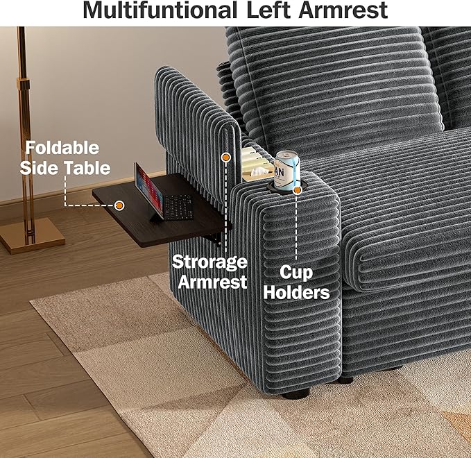 Vipbear 65 Loveseat Sleeper Sofa with Pull Out Bed Plush Corduroy 3-in-1 Convertible Sofa Bed with Reclining Backrest|USB Ports|Cup Holders|Side Table|Storage Armrests Tool Free Assembly Grey
