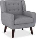 Accent Chairs Mid-Century Modern Upholstered Living Room Armchair Comfy Oversized Linen Fabric Single Reading Arm Chair with Tufted Back and Wood Legs for Bedroom Club (1 Grey)