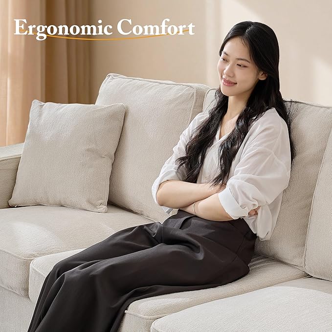 3 Seater Sofa Couch 89 Couches for Living Room with Deep Seats Mid Century Modern Chenille Sofa with Armrests Comfy Sofas for Living Room Bedroom Apartment Office Beige