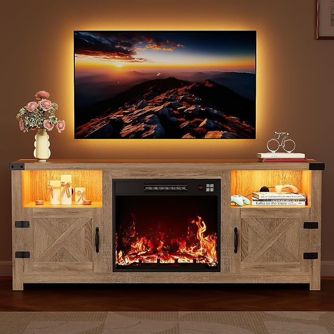 YESHOMY LED Fireplace TV Stand with Mood Lighting TV Cabinet with Open Shelf Farmhouse Media Console with Hidden Cable Routing Entertainment Center for Televisions up to 65+ Inch Natural Oak