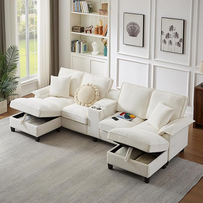 Ball &amp Cast 120 U-Shaped Sectional Couch with 2 Storage Chaise Footrest &amp 2 Throw Pillows4 Seat Corduroy Upholstered Modular Sofa W/2 Cup HoldersUSB Ports &amp Hidden Storage Box for Livin