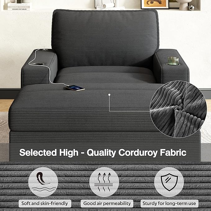 42.8 Oversized Chaise Lounge Chair with Storage Ottoman Corduroy Sofa Bed with Cup Holders &amp USB Charging Port Upholstered Sleeper Chair for Living Room BedroomGrey