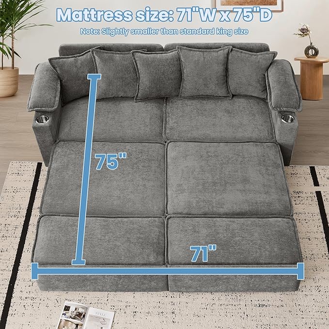 SUNWAVE 83 King Size Pull Out Sofa Bed 4-in-1 Convertible Sleeper Sofa Bed with USB Ports Cup Holders Side Pockets Corduroy Oversized Loveseat Chaise Lounge for Living Room Small Space (Gray)
