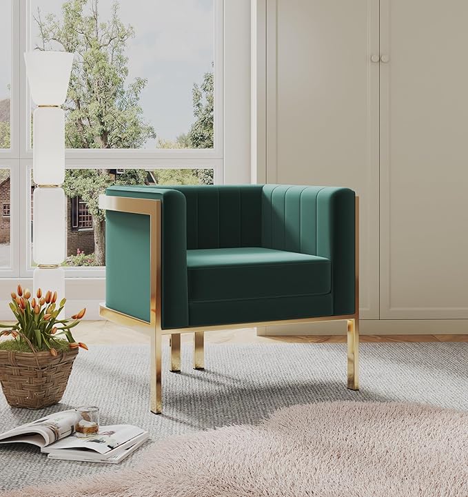 Manhattan Comfort Paramount Velvet Accent Armchair Set of 2 Polished Brass Frame with Geometric Legs Art Deco Chair 1920s Glamour Fully Assembled Living Room Lounge Seat Forest Green