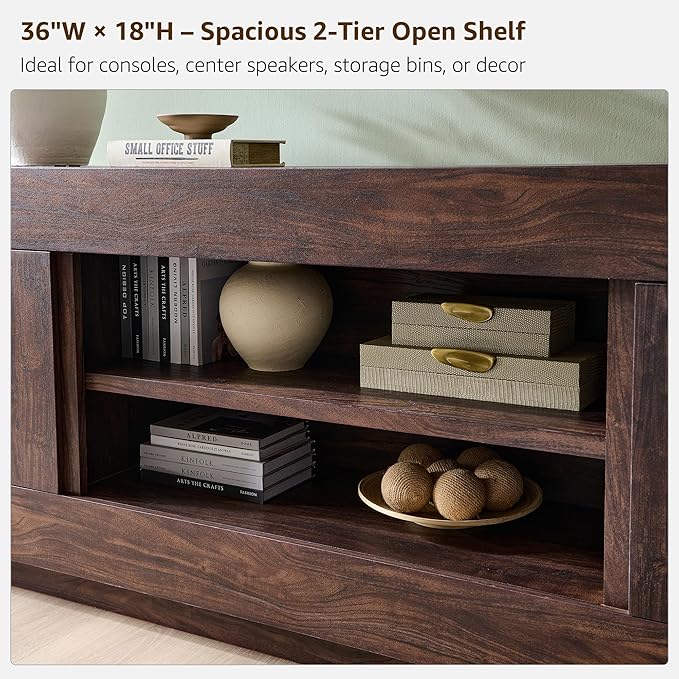OKD Modern 70 TV Stand Entertainment Center for TVs Up to 80 Media Console with Large Open Storage &amp Side Cabinets Thick Wood Design for Living Room Dark Walnut