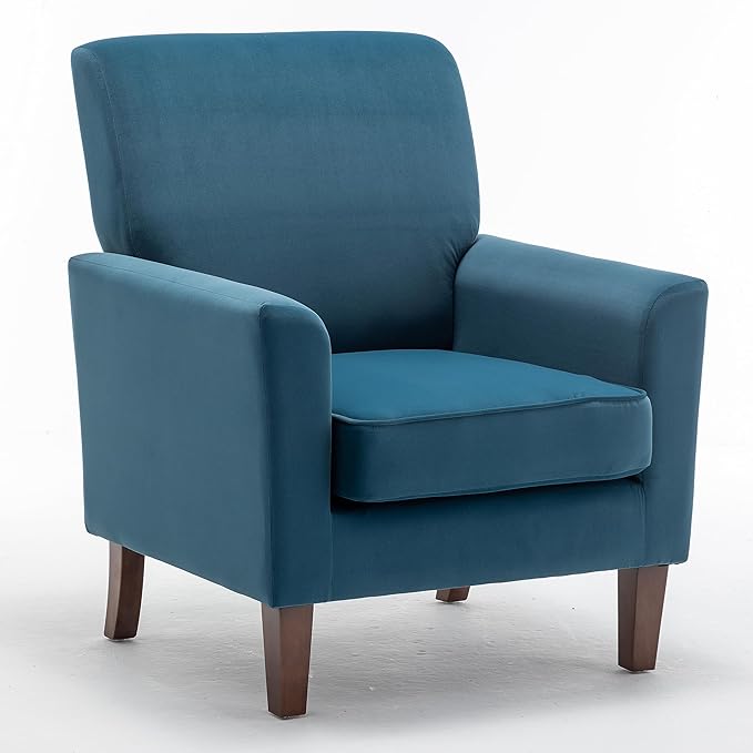 Contemporary Accent Arm Chair with Birch Wood Frame and Velvet Upholstery Armchair for Office and Living Room Decor Removable Cushions Greenish Blue