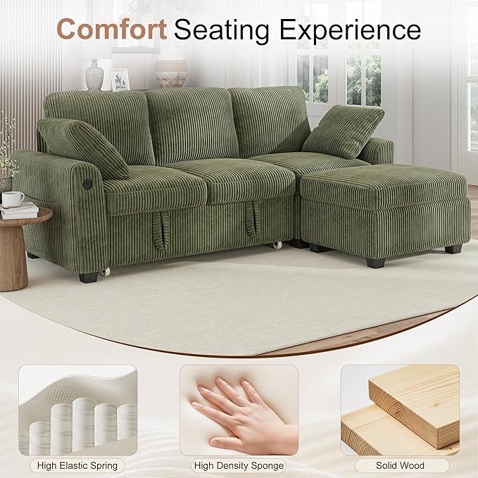 Hanherry 81 Sectional Couch with Pull Out Sofa BedCorduroy Sleeper Sofa with Storage Ottoman &amp USB ChargingComfy L Shaped Modular Couches for Living RoomApartment | USB charging port side poc