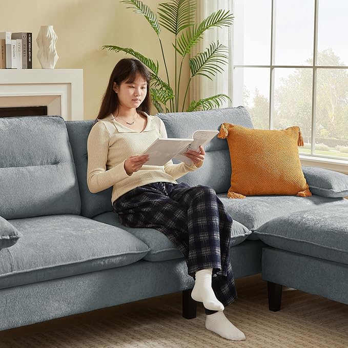 86'' Chenille Sofa with Storage Ottoman Modern Living Room Sofa with Removable Washable Cushion 3 Seater Comfy Couch for Apartment Bedroom Office (Light Grey)