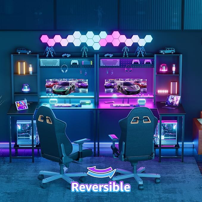 L Shaped Gaming Desk with Shelves - 48 inch Corner Computer Desks with Storage Hutch Shelf Reversible Pegboard Led Lights Power Outlets PC Monitor Stand for Bedroom Black