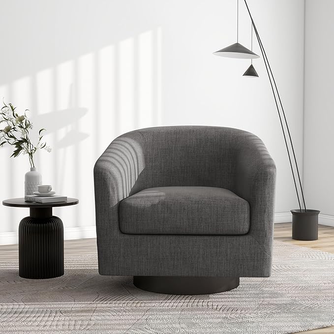 Swivel Barrel Accent Chair Modern Round Linen Arm Chair for Living Room Bedroom Comfy Club Reading Chairs for Adults（Linen Fabric Grey Set of 1