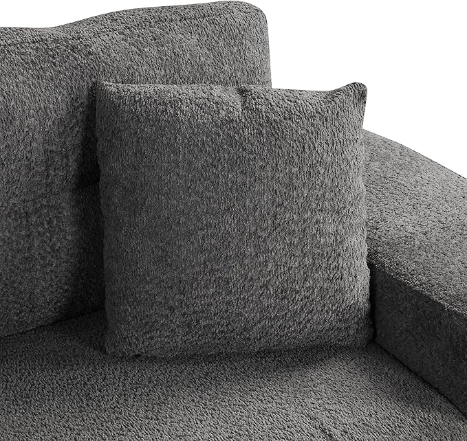 Upholstered L-Shaped Convertible Corner Sofa Couch with 2 Stools and 2 Throw Pillows Chenille Sectional Pull Out Sofa Bed with Storage Ottoman and 2 Hidden USB Ports for Living Room (Dark Grey-5)