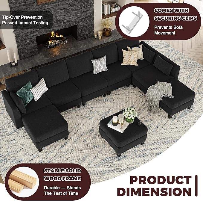 Modular Sectional Sofa Comfy Cloud Couch Sectionals Convertible Modular Couch with High Density Memory Foam 6 Seat U Shaped Sectional Couches for Living Room Washable Cover Black | Comfortable C