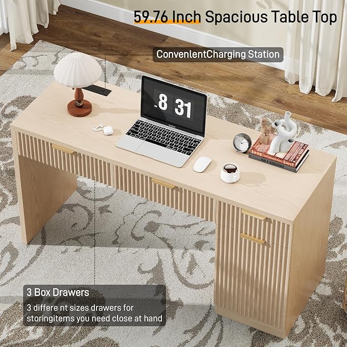Vabches 60 Executive Desk with Fluted Drawers Wood Home Office Desk with Storage Cabinet Charging Station Fluted Computer Writing Desk for Study Living Room Natural Oak.