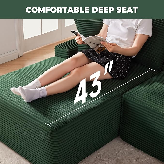Cloud Sectional Couch Modular Sectional Sofa with Deep Seat Boneless Sofa for Living Room Fluffy Comfy Couch with L-Shaped Chaise Green