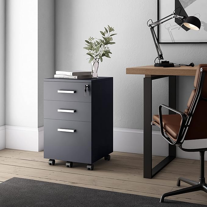 Modern Design Lazio Black File Cabinet Filing Cabinets for Home Office Drawers for Under Desk Locking 3 Drawer Rolling Wood File Cabinet with Lock by Crafts and Comfort