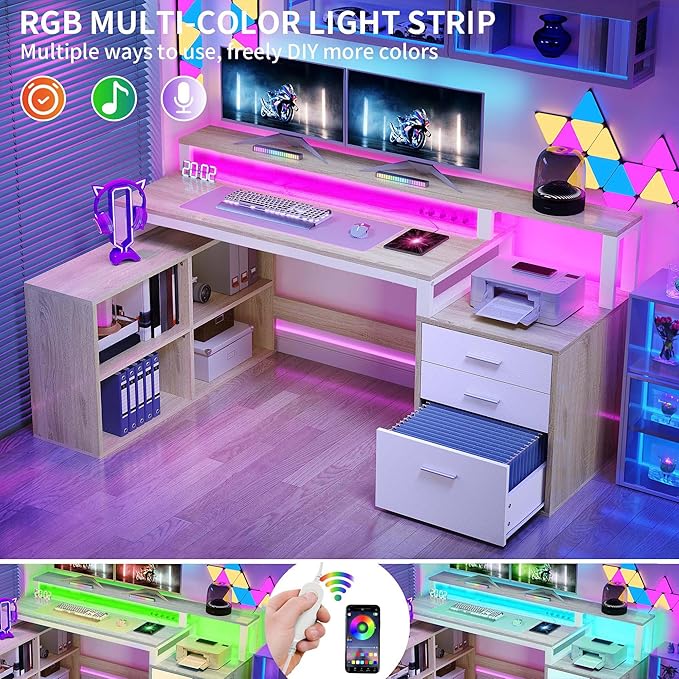 DWVO L Shaped Desk with Drawers 65 Computer Desk with Power Outlets &amp LED Lights Corner Home Office Desk with Storage Shelves &amp Printer Stand White &amp Oak