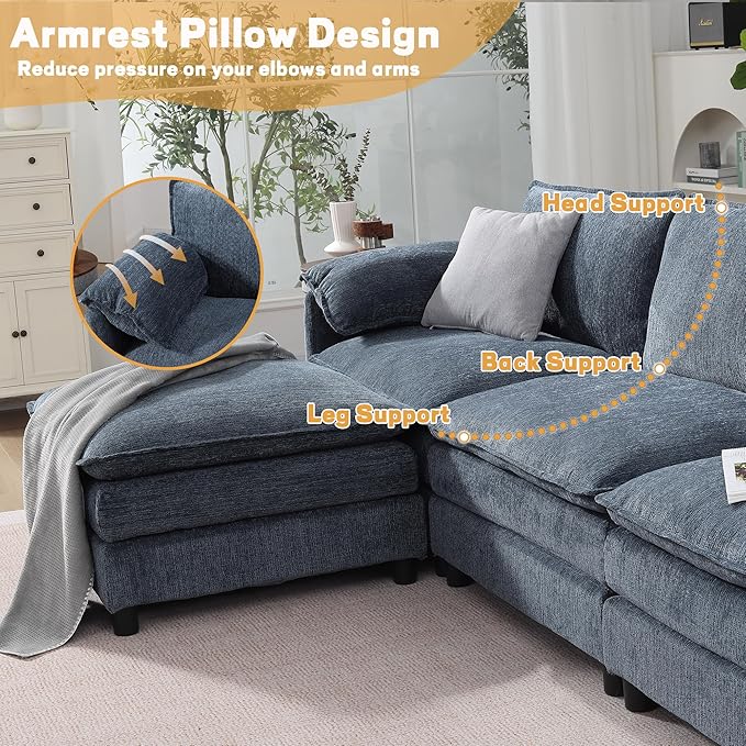 108 Cloud Sectional Couches for Living Room Convertible L Shaped Modular Sectional Sofa with Movable Ottoman 3-Seat Chenille Cloud Couch with Deep Seat for Bedroom Office Apartment Blue