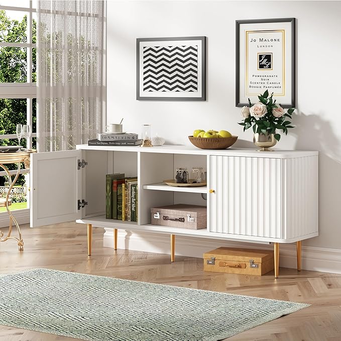 ARTPOWER 55” Fluted TV Stand Mid Century Modern White TV Stand for 55/60/65 inch TV Entertainment Center with Storage Television Stands TV Console Media Console for Living Room Bedroom