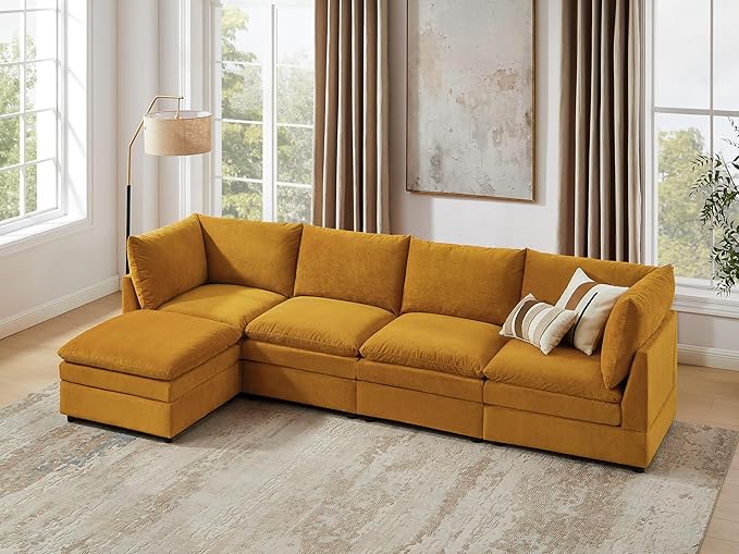 VANOMi L Shape Modular Sectional Sofa Couch for Living Room Oversized Modern Sleeper Cloud Couch with Deep Seat Double-Layer Thick Cushion Movable Ottoman Convertible Upholstered Sofa Set Curry
