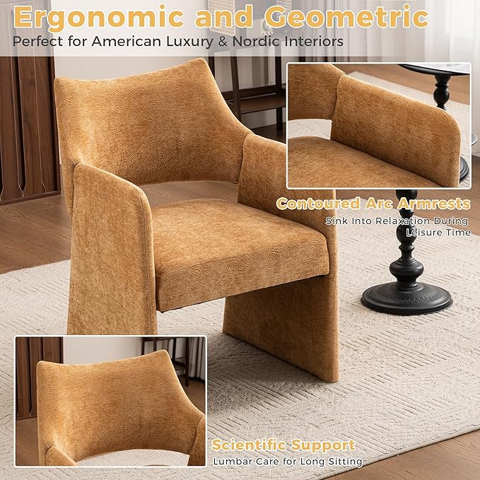 Mid-Century Chenille Accent Chair Geometric Open-Back Upholstered Armchair with Non-Slip Frame Cozy Reading Chair for Home &amp Office (Light Brown)