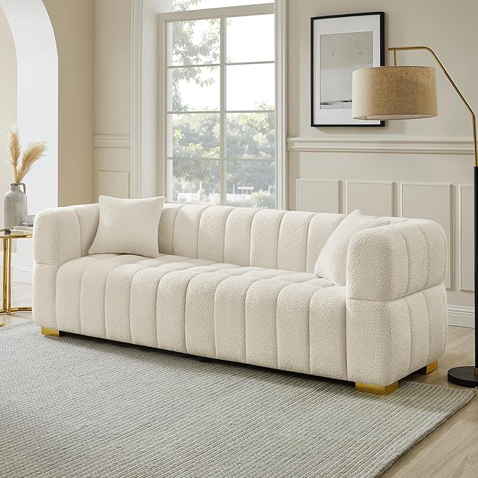 VANOMi Sofa and Chair Set Modern Deep Seat Couch &amp Boucle Sofa Chairs Oversized Upholstered Couch Sets for Living Room Bedroom Office Apartment White (2 Pieces)