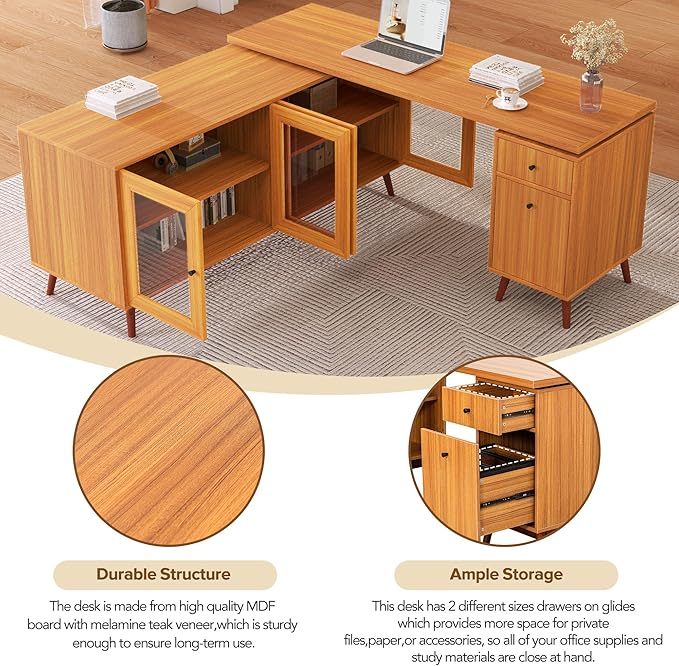 66.5 Modern L-Shaped Executive Desk with Delicate Tempered Glass Cabinet StorageLarge Office Desk with DrawersBusiness Furniture Desk Workstation for Home Office