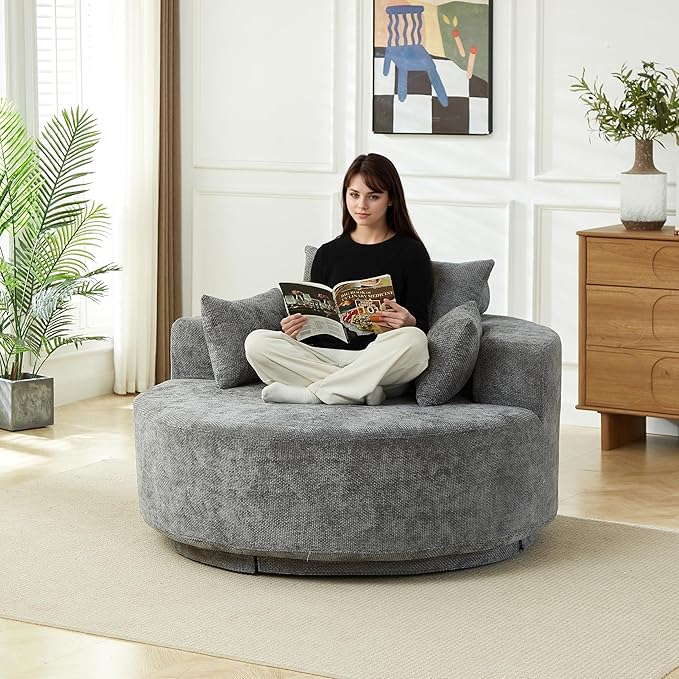 KEIKI 55 Oversized Swivel Accent Chair Chenille Barrel Chairs Upholstered Round Swivel Chair Single Sofa Armchair Sleeper Chair for Living Room Lounge Grey