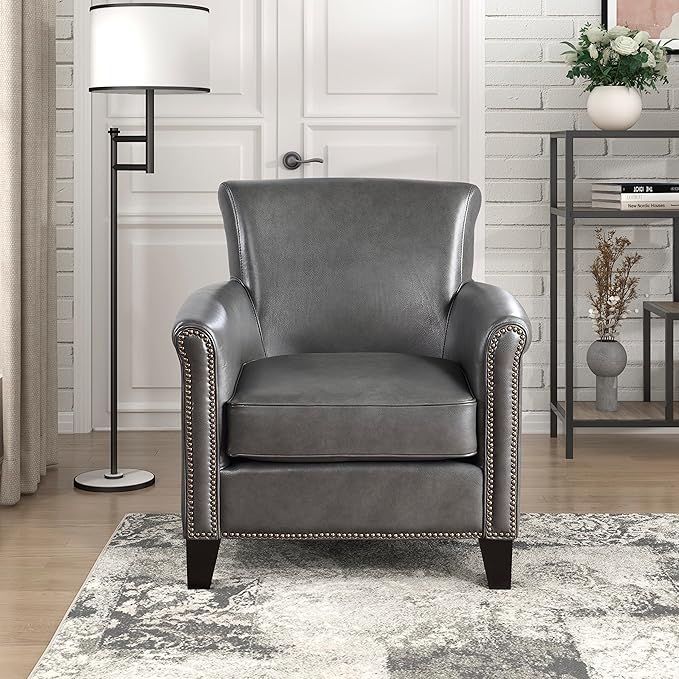 Lexicon 100% Top Grain Genuine Leather Chair Leather Accent Chairs for Living Room Solid Wood Frame Rolled Armrest &amp Nailhead Trim Comfy Reading for Bedroom Office Waiting Room Classic Gray