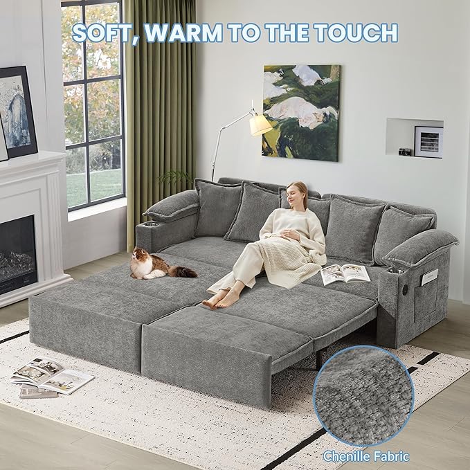 SUNWAVE 83 King Size Pull Out Sofa Bed 4-in-1 Convertible Sleeper Sofa Bed with USB Ports Cup Holders Side Pockets Corduroy Oversized Loveseat Chaise Lounge for Living Room Small Space (Gray)