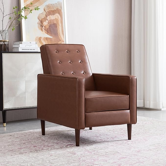 Mid-Century PU Leather Rocker Recliner Chair with Tufted Design Adjustable Single Recliner Sofa with Thicker Seat Cushion with Pocket for Living Room Bedroom Apartment (Light Brown Style1)