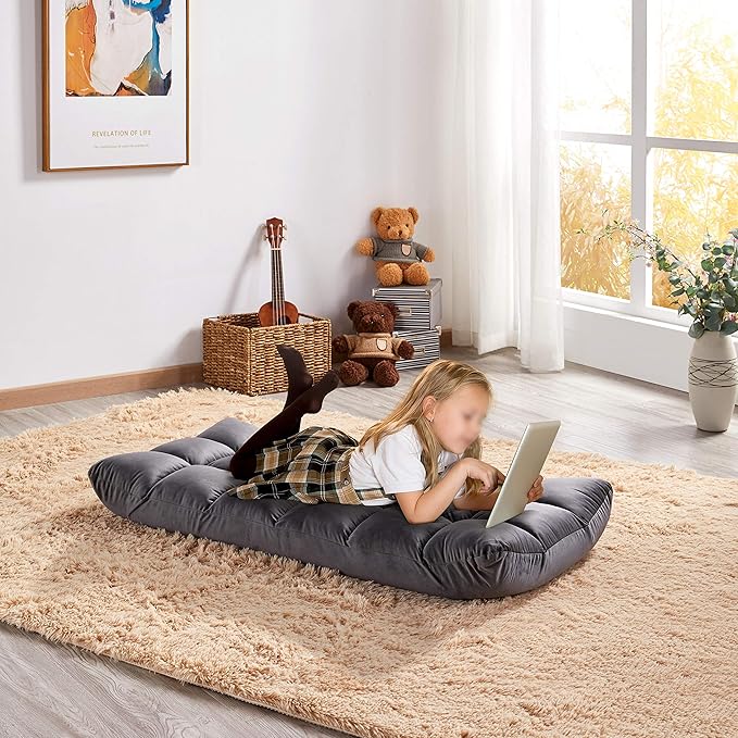 Topeakmart Floor Folding Chair with 14 Adjustable Positions Portable Padded Lounge Chair with Backrest Lazy Sleeper Recliner for Living Room Bedroom Gray Set of 2