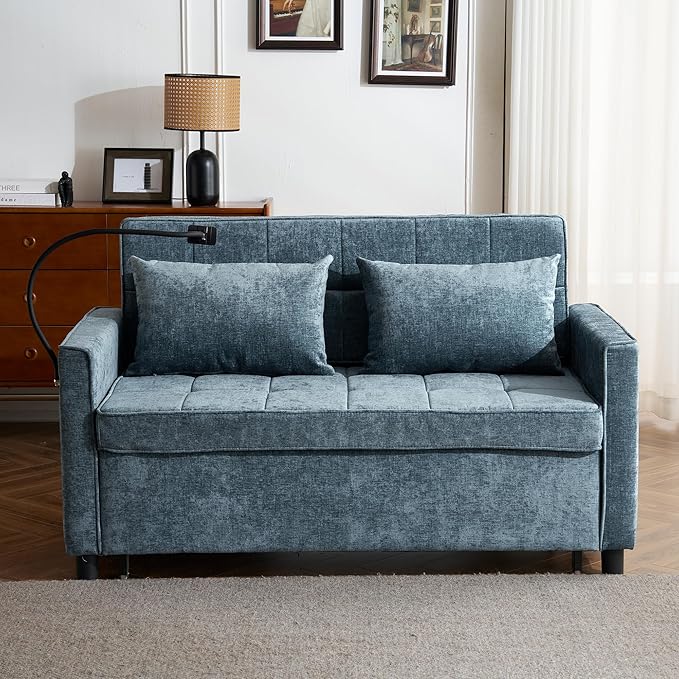 Merax Pull-Out Sleeper Sofa Bed with Reversible Backrest and Two Throw Pillows 3 in 1 Foton Couch with USB Ports &amp Phone Holder Chenille Loveseat for Living Room Blue