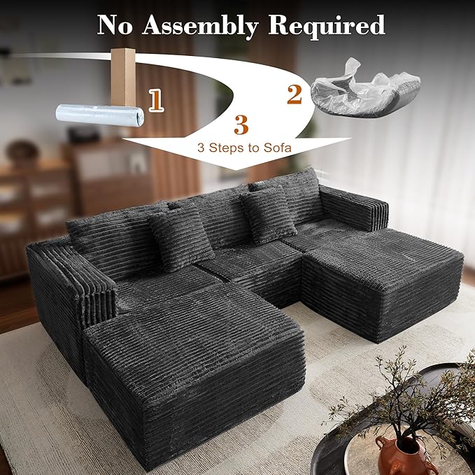110 Corduroy Modular Sectional Boneless Sofa with 2 Ottomans Convertible Cloud Couch with Deep Seats Fluffy Memory Foam U Shaped Couch for Living Room No Assembly Required (Black)