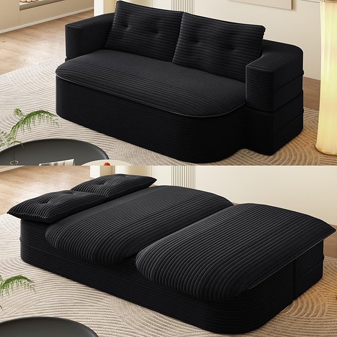 Aoowow Folding Sofa Bed with Blanket 78.7” Convertible Sleeper Sofa with Pillows Modern Corduroy Floor Loveseat Couch Comfy Foam Filled Couches Full Folding Mattress for Living Room Black