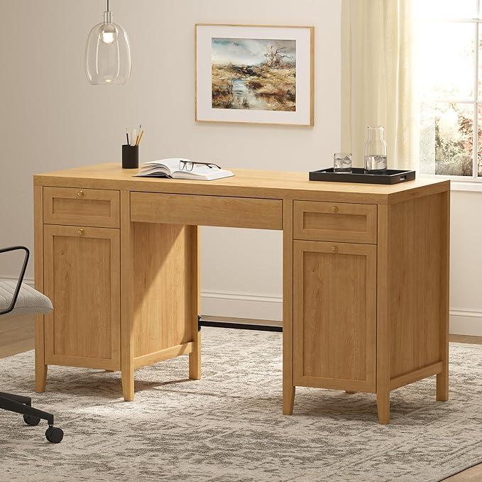 52 Large Executive Desk with Drawers Farmhouse Wooden Home Office Desk with Storage Cabinet Modern Computer Writing Desk for Work Study Workspace Natural Oak