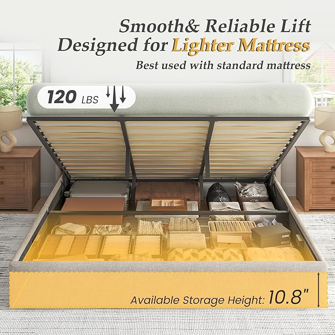 Lifezone King Size Lift Up Storage Bed Frame Linen Upholstered King Platform with Button Tufted Wingback Headboard and Under-Bed Storage Hydraulic Support No Box Spring Needed Noise Free Beige