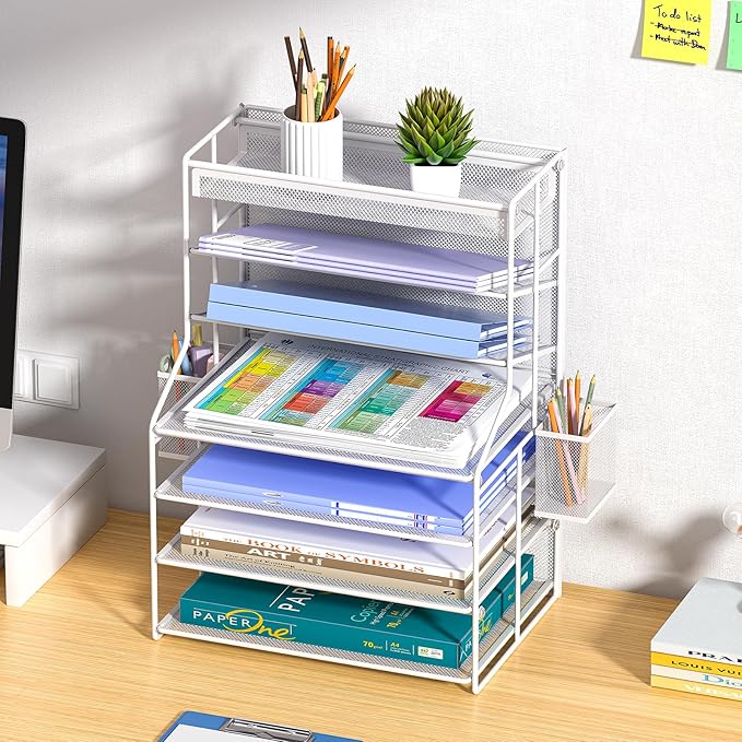 7 Tier Desk File Organizer – Vertical File Organizer for Desk with Removable Pen Holder &amp Adjustable Drawer – Metal Document Organizer for Office Simple Trending Design – White