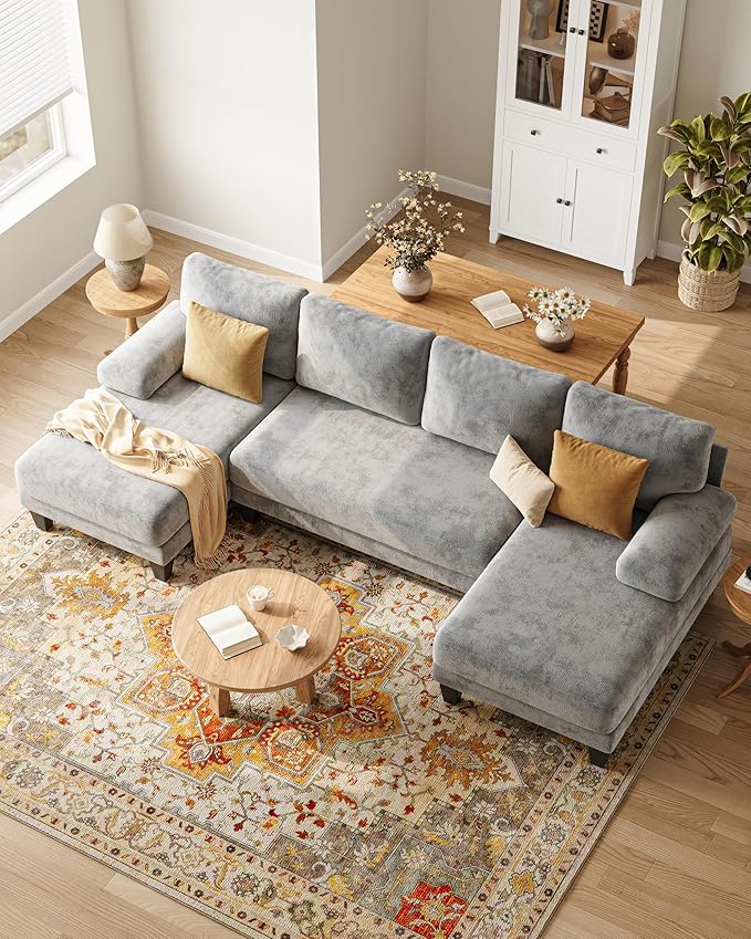 U-Shaped Sectional Couches for Living Room | 112 Inch Modern Sectional Couch | Light Grey Chenille Sofa with Double Chaise for Apartment
