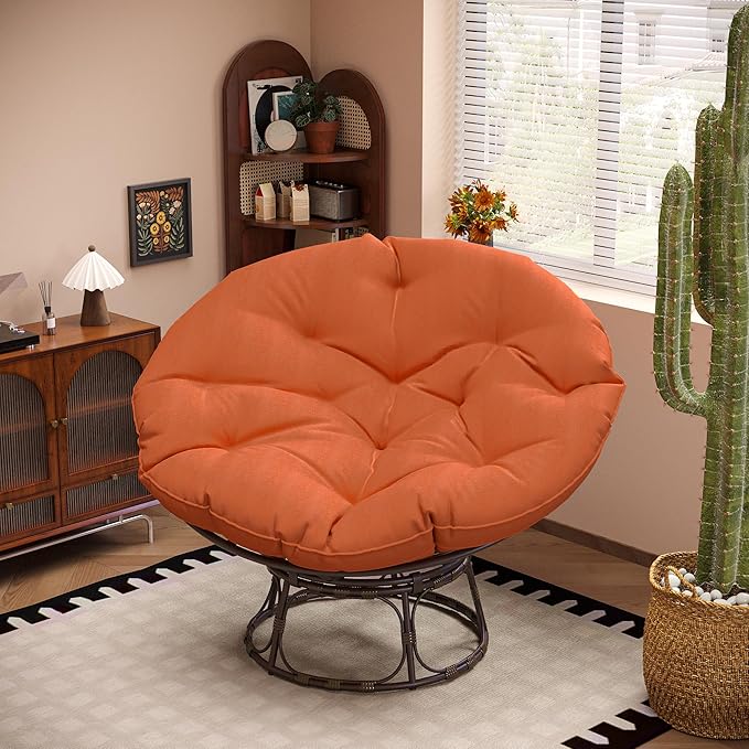 46'' Large Size Papasan Chair (Non-Swivel) with Cushion and Frame Round Lazy Chair for Living Room and Bedroom Orange