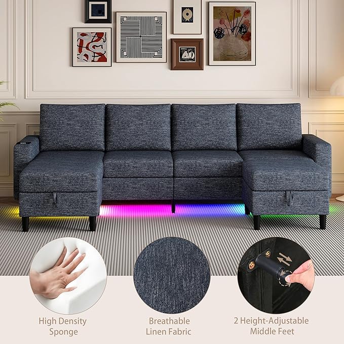 Sectional Couches for Living Room 4 Seat Sectional Sofa with Smart Module-Wireless Charging/USB/Type-C/RGB Light U Shaped Couch with Reversible Chaise Lounge/Storage Ottoman (Blue)