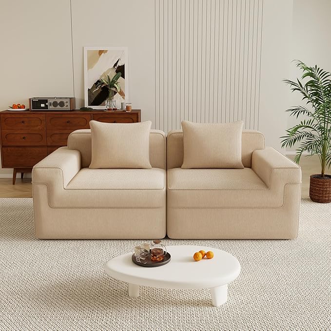 Boneless Couch81 No Assembly Oversize Modular Sectional Cloud CouchCompressed Sofa in a Box Solid Foam Corduroy Sofa with Ottoman for Living Room (Camel Corduroy2 Seats)