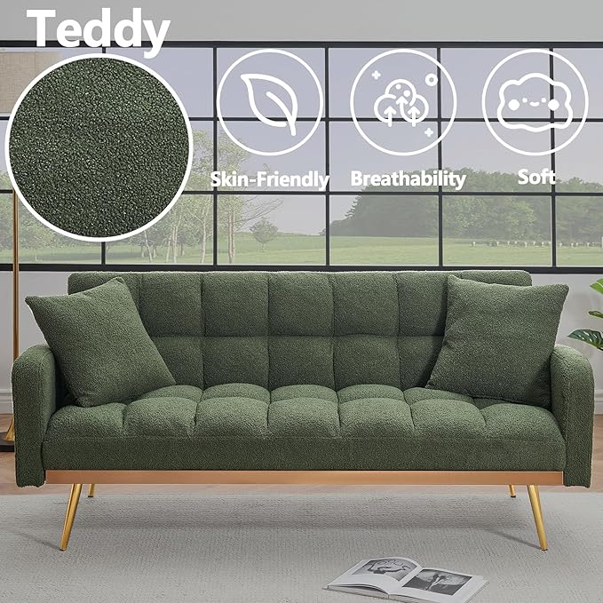 Comfy Futon Sofa Bed with 2 Pillows White Futon Couch Bed with Gold Legs Small Convertible Sofa Bed Couch for Living Room Modern Loveseat for Bedroom Curved Arms Plush Tufted-ShapedTeddy (Green)