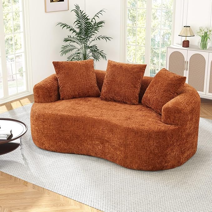 60 Curved Sectional Sofa for Small Spaces - Plush Chenille Modern Cloud Loveseat with Pocket Springs &amp Memory Foam Boneless Floor Couch for Living Room 27.6 Extra Deep Seat No Assembly (Orang