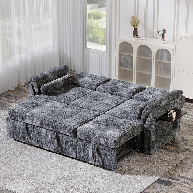 Convertible Queen Sofa Bed 63 Inch Chenille Pull Out Couch with Side Table 3 Seat Pull Out Sofa Bed with Level Adjustable Backrest Comfy Sleeper Sofas for Living Room Apartment Gray