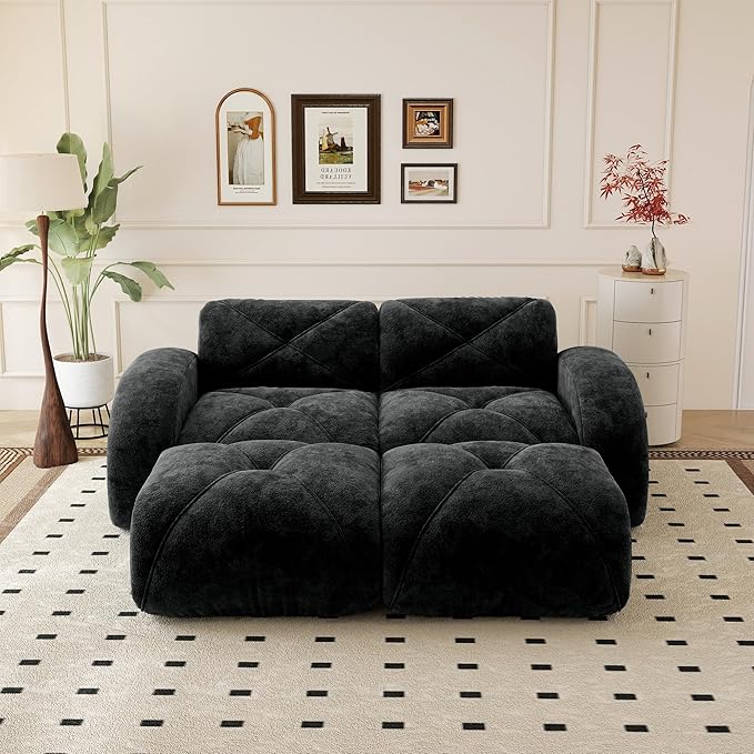 Cloud Sectional Boneless Couch 80.3” Small U Shaped Modular Sofa with 2 Ottoman Deep Seat Premium Velvet Ergonomic Design Compression Upholstered Couches for Living Room Black