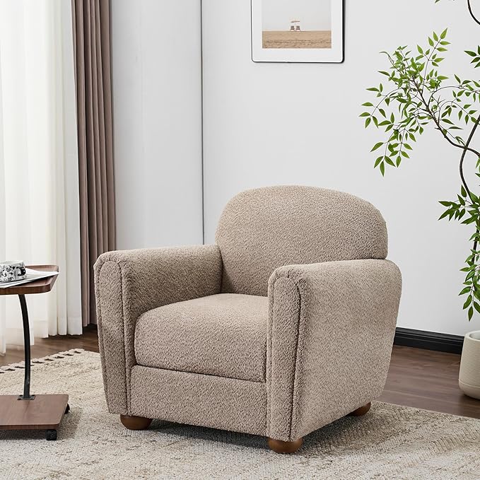 Christopher Knight Home Peysz Modern Accent Chair Boucle Upholstered Armchair with Rounded Wooden Legs Comfortable Single Sofa Soft Cushion Seating Lounge Chair Indoor Light Brown