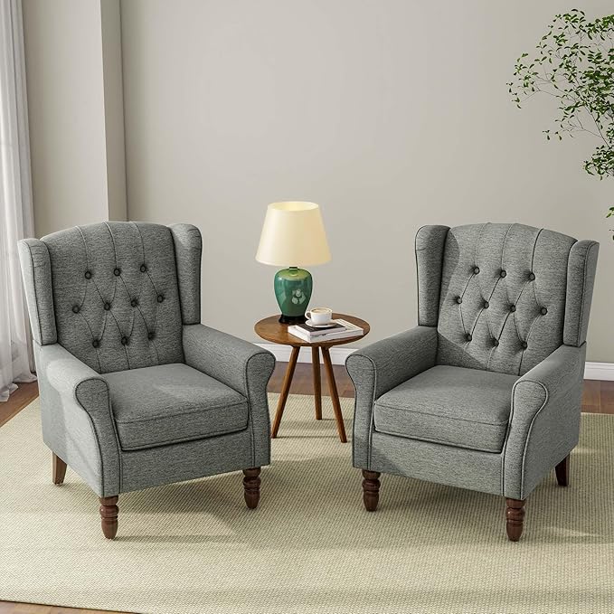 Accent Chair Upholstered Armchair with Button Tufted High Back &amp Solid Wood Legs Comfy Wingback Reading Single Sofa Chair for Small Spaces Living Room Bedroom (Grey Set of 1)
