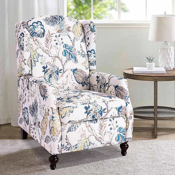 Mid Century Modern Wingback Recliner Chair for Adults Push Back Upholstered Accent Chair with Floral Fabric Manual Reclining Armchair for Living Room Bedroom Reading Corner (Blue Botanical)